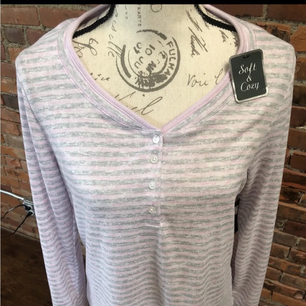 Laura ashley cozy Womens medium pink/grey striped pajamas .. so soft!! - Picture 2 of 6